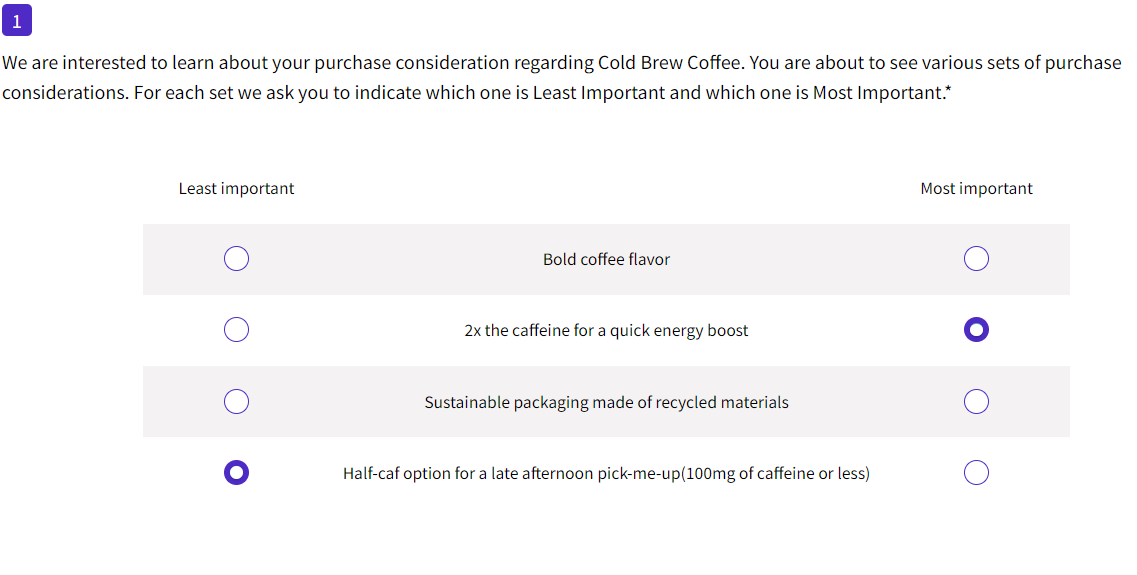     Sample questionnaire during maxdiff analysis to help quantify preferences for different product attributes